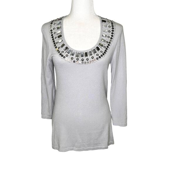 Chico's Light Gray Scoop Neck Embellished Long Sleeve Tunic Top Size 0 Small - Picture 1 of 7
